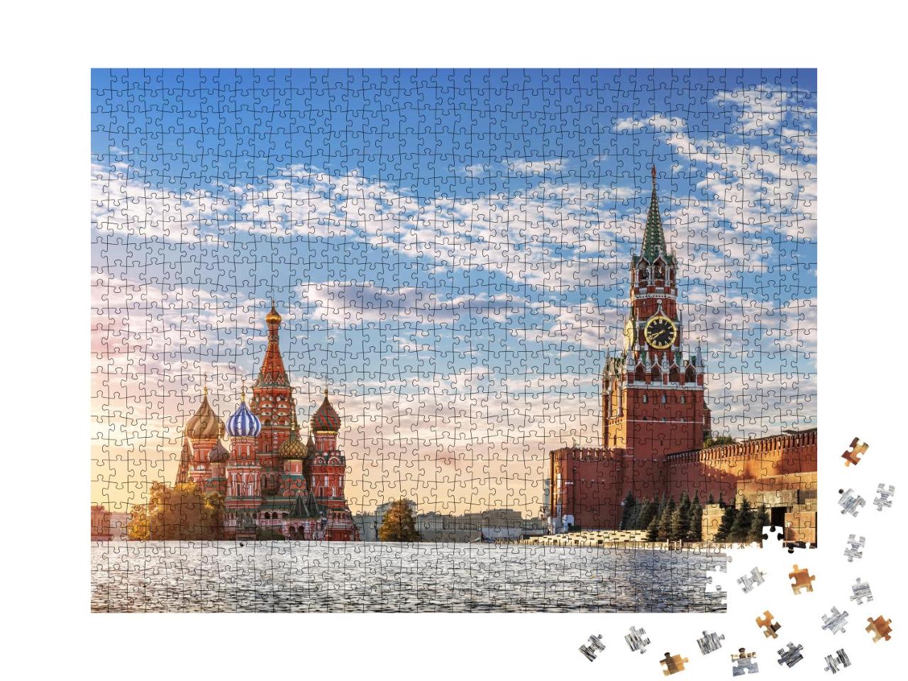 Puzzle 1000 Teile „Basilius-Kathedrale und Spasskaja-Turm auf dem Roten Platz in Moskau“