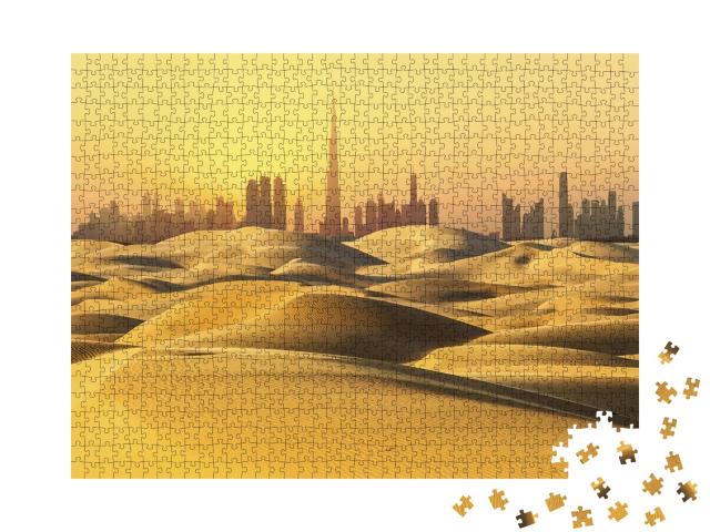 Puzzle 1000 Teile „Skyline von Dubai: Wüste bei Sonnenuntergang“