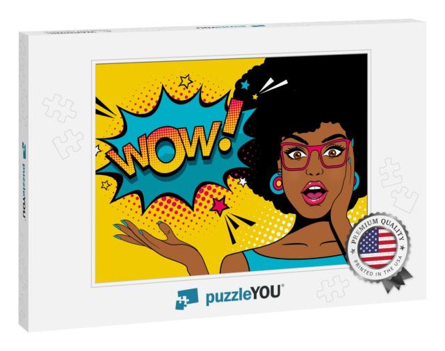 Wow Pop Art Face. Sexy Surprised Young African Woman with... Jigsaw Puzzle