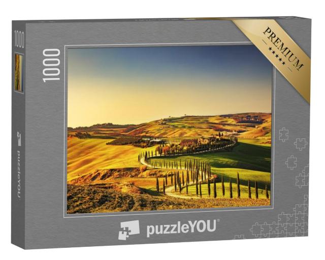 Puzzel 1000 stukjes „Zonsondergang over Toscane met cipressen, Italië“