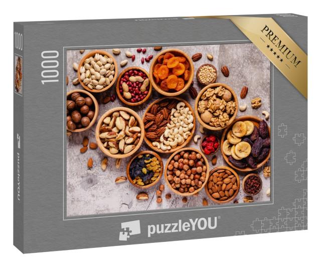 Puzzle 1000 Teile „Verschiedene Nüsse und Trockenfrüchte in Holzschalen“