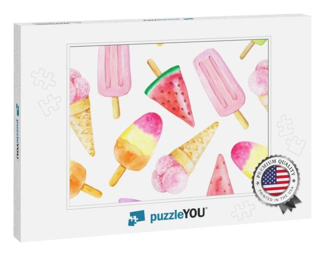 Seamless Pattern with Watercolor Fruit Ice Cream on Stick... Jigsaw Puzzle