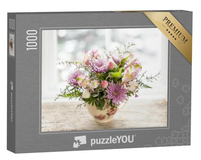 Puzzel 1000 stukjes „Boeket kleurrijke bloemen in een kleine vaas“