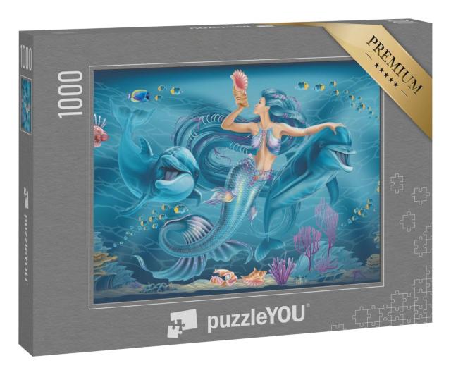 Puzzle 1000 Teile „Illustration: Meerjungfrau und Delfine“