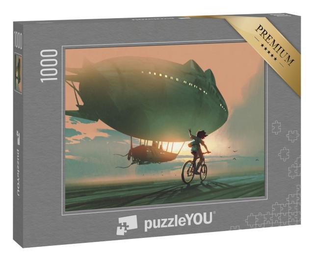 Puzzle 1000 Teile „Digitale Kunst: Gute Reise! Fahrradfahrendes Kind winkt einem Zeppelin hinterher“