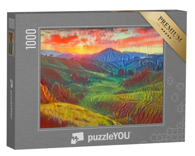 Puzzel 1000 stukjes „in de kunststijl van Franz Marc - theeplantage Sungai Palas in Cameron Highlands, Pahang, Maleisië“