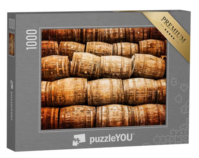 Puzzel 1000 stukjes „Stapel oude whisky- en wijnvaten in vintage stijl“