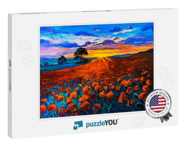 Original Oil Painting on Canvas. Poppy Field, Sunset. Fin... Jigsaw Puzzle