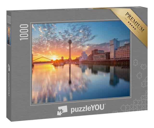 Puzzle 1000 Teile „Sonnenuntergang über dem Mediahafen in Düsseldorf, Nordrhein-Westfalen“