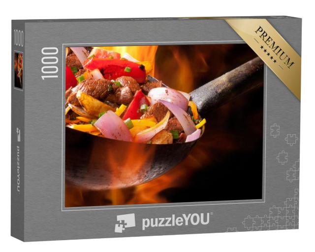 Puzzel 1000 stukjes „Vlees en groenten gekookt in een wok“