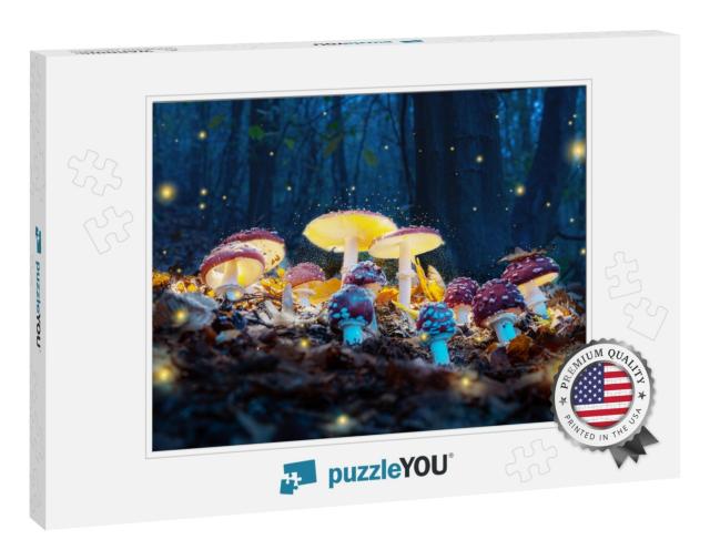 Mystical Fly Agarics Glow in a Mysterious Dark Forest. Fa... Jigsaw Puzzle