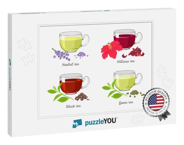 Set of Different Tea in Glass Cups Isolated on White Back... Jigsaw Puzzle