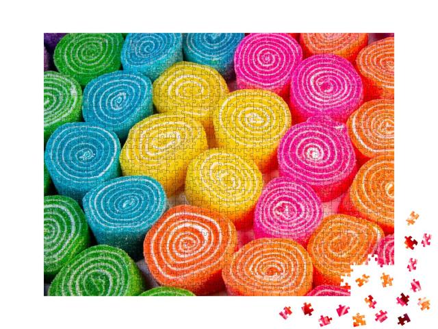 Puzzle 1000 Teile „Köstliche mehrfarbige Bonbonspiralen in Blau, Orange, Pink, Gelb und Grün“