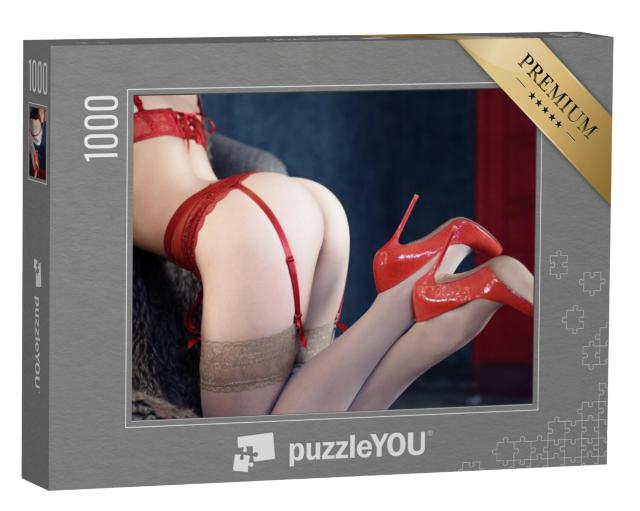 Puzzel 1000 stukjes „Erotische kunst: elegante rode lingerie en hoge hakken“