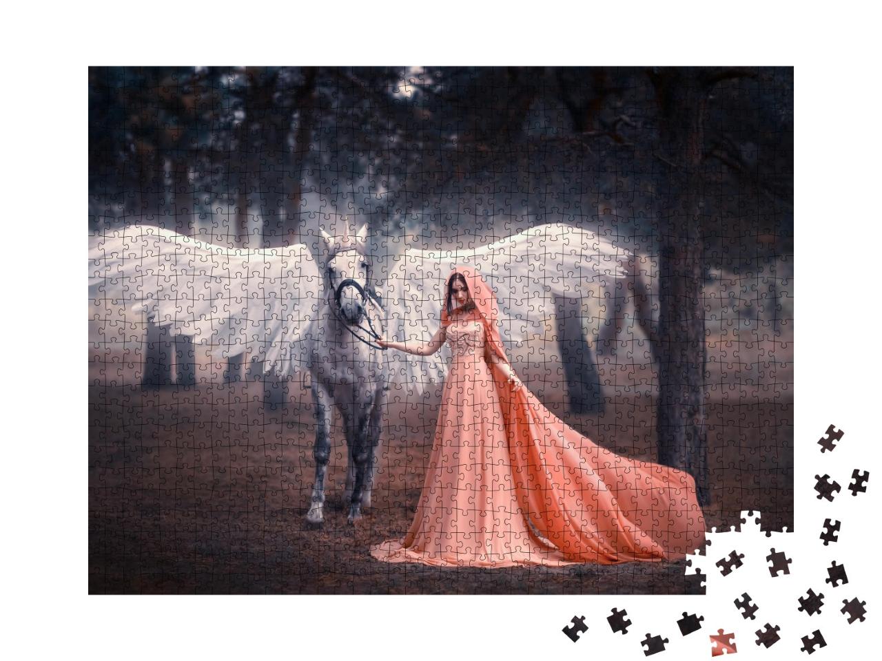 Puzzle 1000 Teile „Künstlerische Fotografie: Junge Elfenfrau mit ihrem geflügelten Einhorn“
