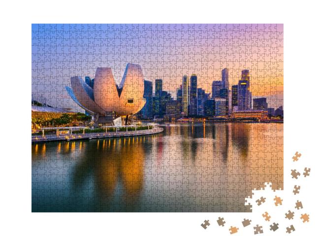 Puzzle 1000 Teile „Die Skyline von Singapur am Yachthafen in der Dämmerung“