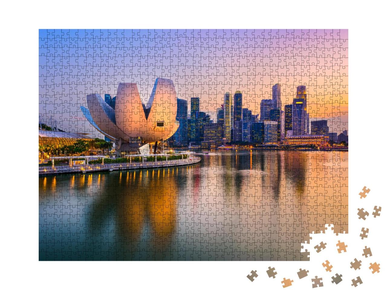Puzzle 1000 Teile „Die Skyline von Singapur am Yachthafen in der Dämmerung“