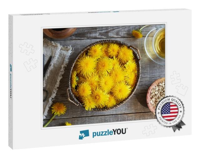 Fresh Dandelion Flowers in a Basket on a Table with Dried... Jigsaw Puzzle