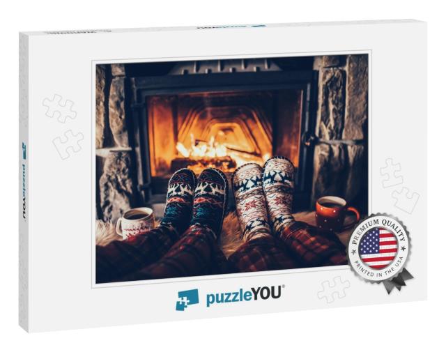Feet in Woolen Socks by the Christmas Fireplace. Couple S... Jigsaw Puzzle