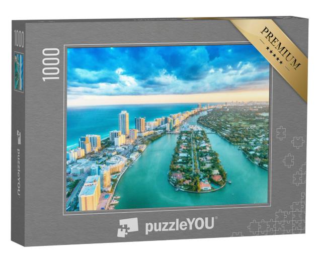 Puzzel 1000 stukjes „Miami Beach, prachtige luchtfoto van gebouwen, rivier en vegetatie“