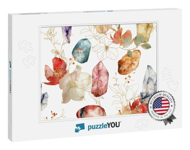 Watercolor Linear Seamless Pattern of Gemstones & Flowers... Jigsaw Puzzle