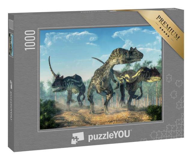Puzzle 1000 Teile „Drei Allosaurier wirbeln Staub auf, Jäger auf Beutezug“