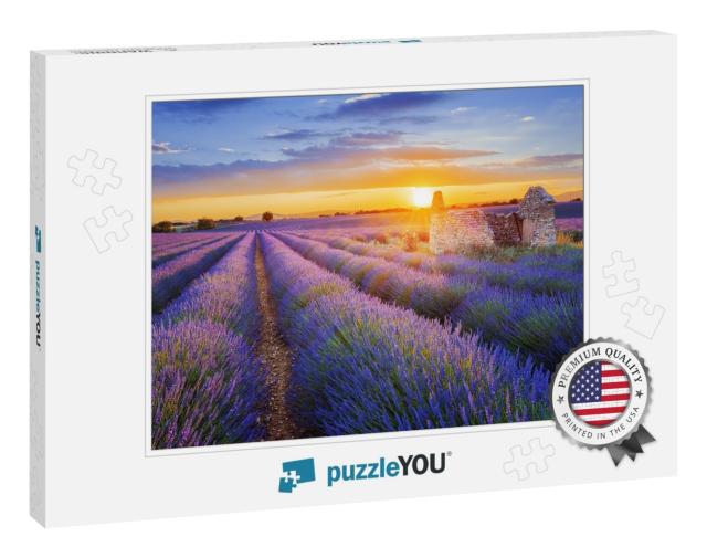 Sun is Setting Over a Beautiful Purple Lavender Filed in... Jigsaw Puzzle
