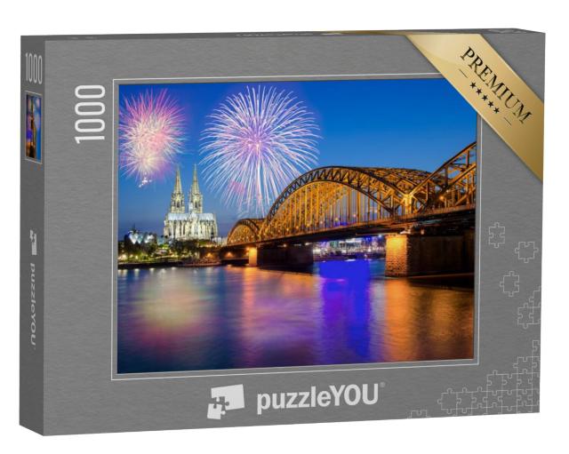 Puzzel 1000 stukjes „Oudejaarsvuurwerk bij de Dom van Keulen met Hohenzollernbrücke“