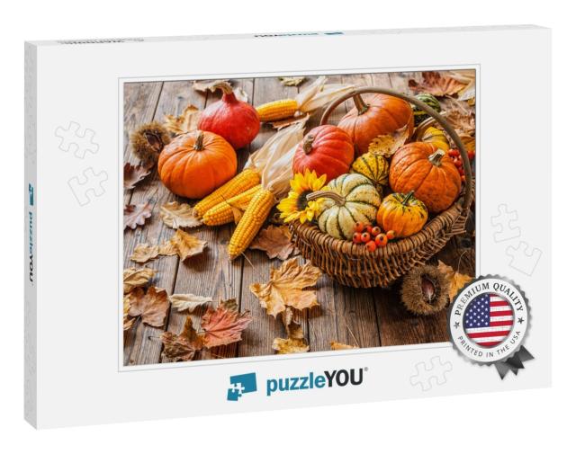 Autumn Still Life with Pumpkins, Corncobs & Leaves on Woo... Jigsaw Puzzle