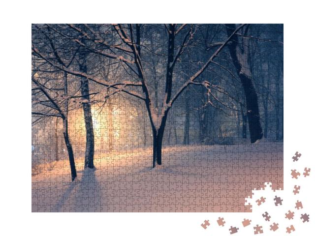 Puzzle 1000 Teile „Winterabend im Park und Licht im Dunst hinter den Bäumen“