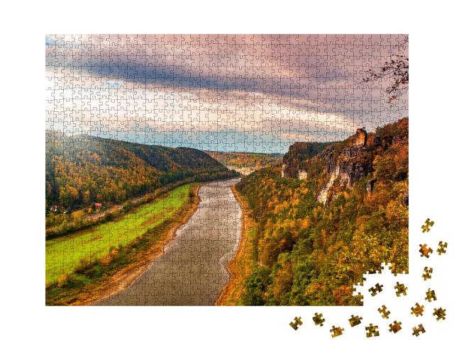 Puzzle 1000 Teile „Elbtal nahe dem Kurort Rathen, Sachsen, Elbsandsteingebirge“
