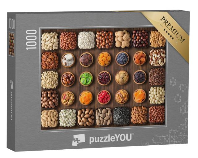 Puzzel 1000 stukjes „Kleurrijke noten en gedroogd fruit in kleine schaaltjes“