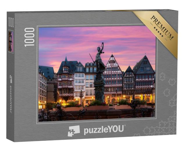 Puzzel 1000 stukjes „Oude Stadsplein Römerberg met Justitia standbeeld in Frankfurt, Duitsland“