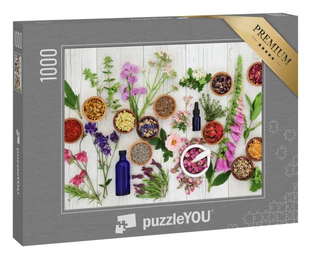 Puzzle „Auswahl an Kräutern und Blumen in Holzschalen“