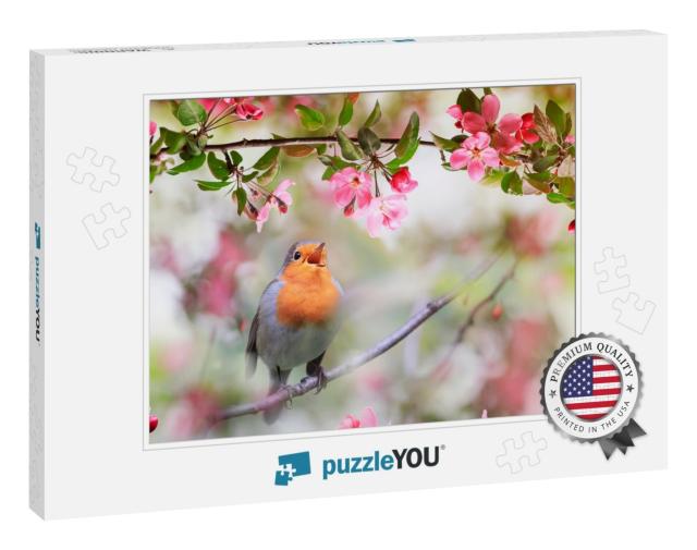 Small Songbird, a Robin, Sits in a Sunny Garden in May Am... Jigsaw Puzzle