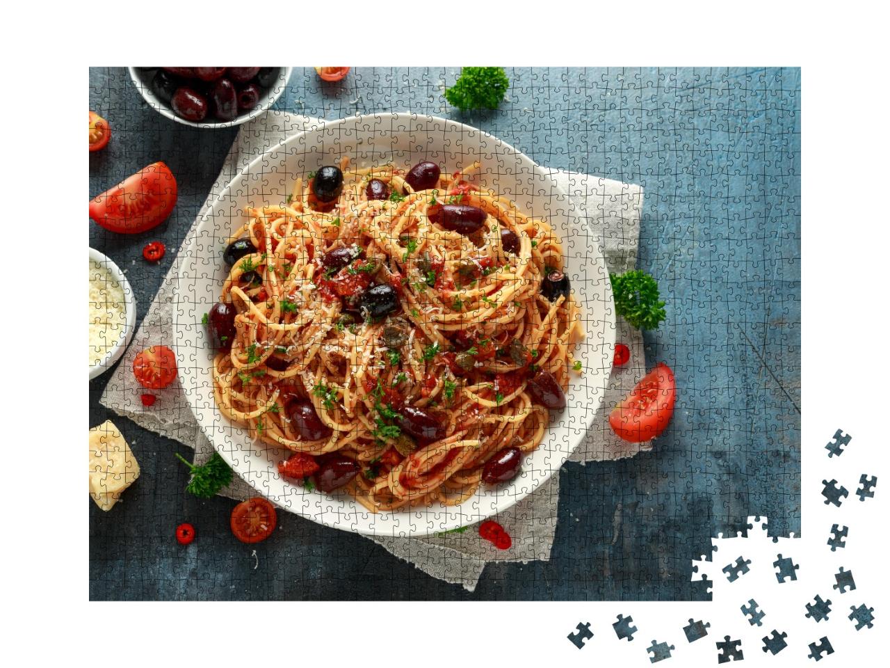 Puzzle 1000 Teile „Pasta Alla Puttanesca mit Knoblauch, Oliven, Kapern, Tomaten, Sardellen“