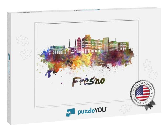 Fresno Skyline in Watercolor Splatters with Clipping Path... Jigsaw Puzzle
