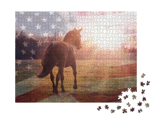 Puzzle 1000 Teile „Porträt eines amerikanischen Quarter-Pferdes mit der Flagge der USA“