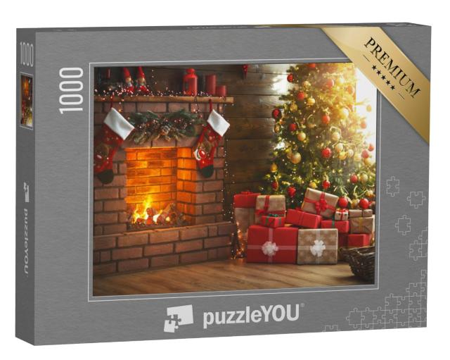 Puzzel 1000 stukjes „Kerstkamer, kerstboom, open haard en cadeautjes“