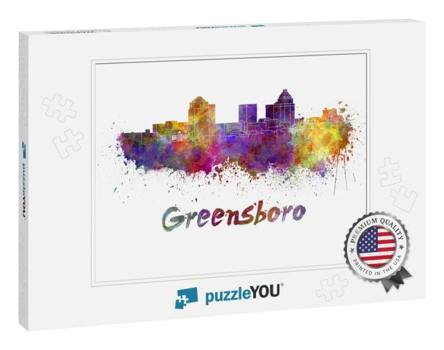 Greensboro Skyline in Watercolor Splatters with Clipping... Jigsaw Puzzle