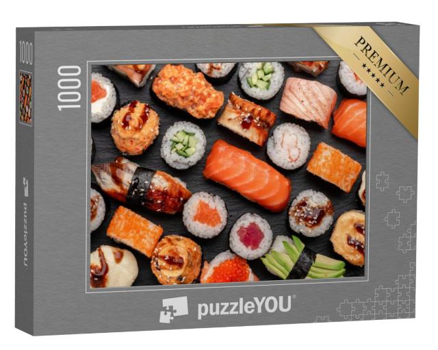 Puzzel 1000 stukjes „Sushi nigiri en maki op leistenen bordjes“