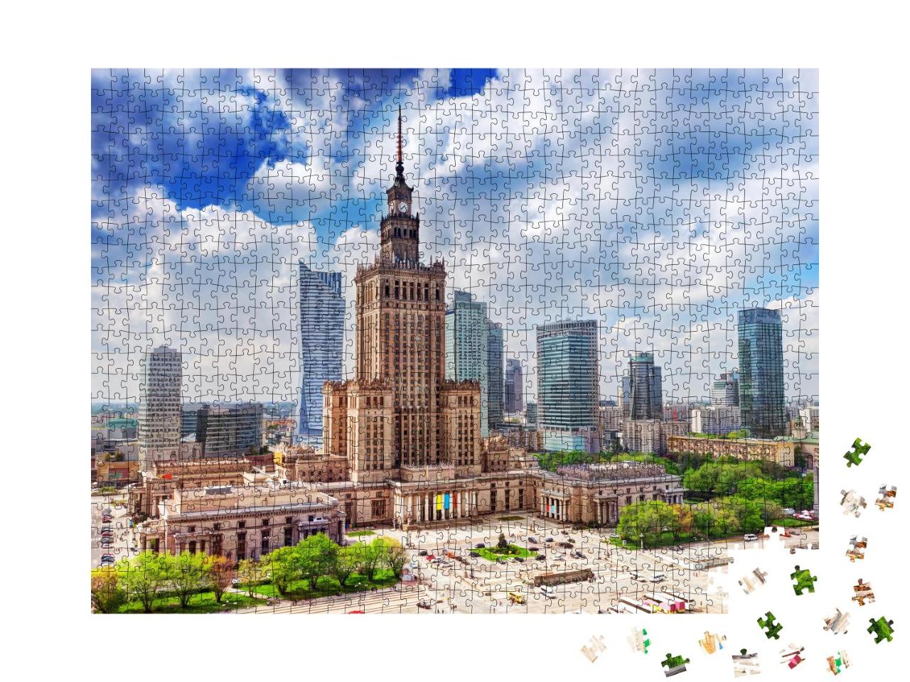 Puzzle 1000 Teile „Luftaufnahme: Palast der Kultur und Wissenschaft mit Wolkenkratzern, Warschau“
