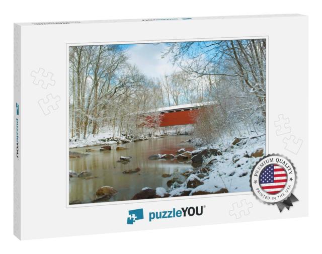 Everett Covered Bridge in the Winter. Located in Cuyahoga... Jigsaw Puzzle