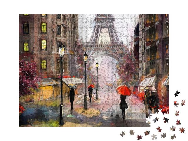 Puzzle 1000 Teile „Ölgemälde mit Straßenansicht von Paris: Eiffelturm und Menschen mit Regenschirm“