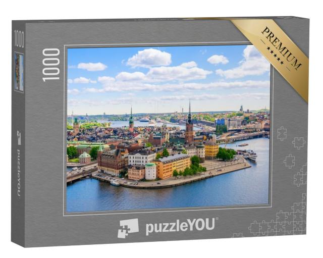 Puzzel 1000 stukjes „In vogelvlucht: luchtfoto van de stadhuistoren in Stockholm, Zweden“