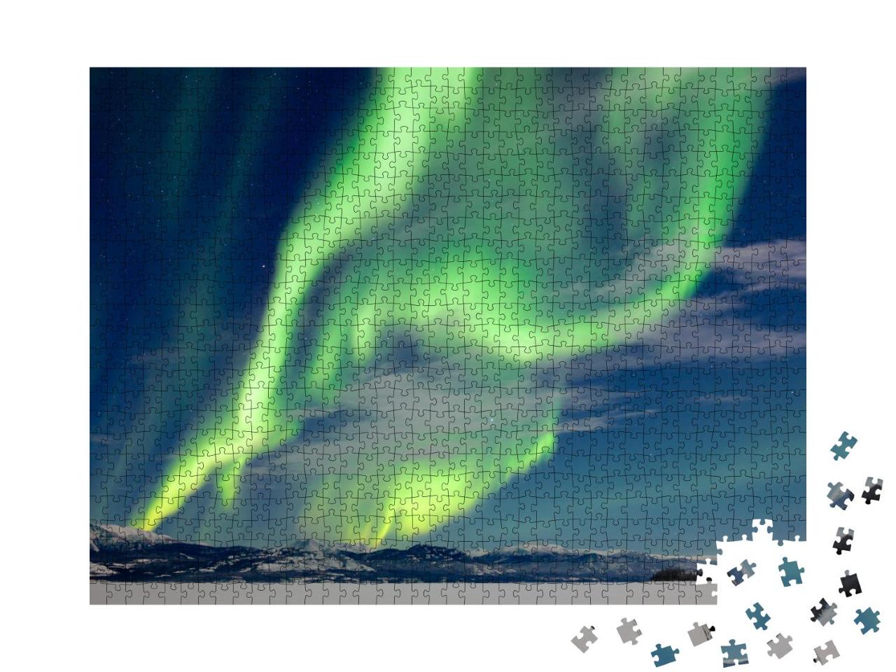 Puzzle 1000 Teile „Spektakuläre Nordlichter über dem gefrorenen Lake Laberge, Kanada“