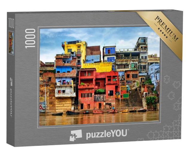 Puzzel 1000 stukjes „Net een andere wereld: kleurrijke huizen aan de rivier de Ganges, Varanasi, India“