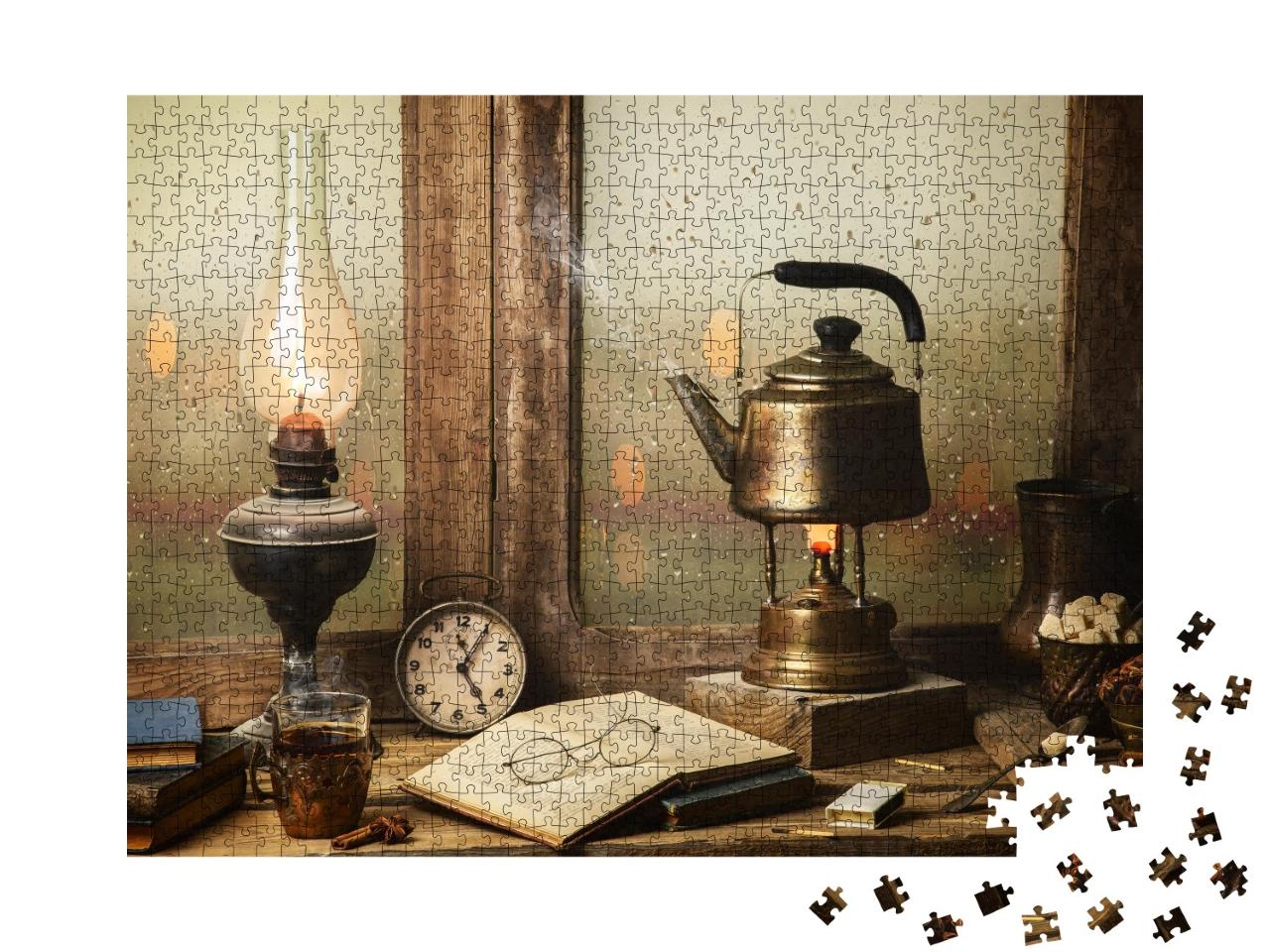 Puzzle 1000 Teile „Klassisches Vintage-Stilleben: Literatur und Tee“