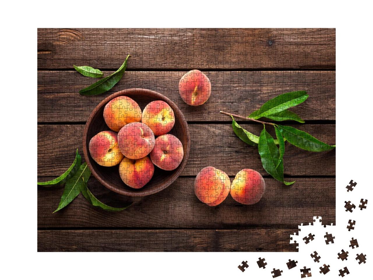 Puzzle 1000 Teile „Frische saftige Pfirsiche mit Blättern“