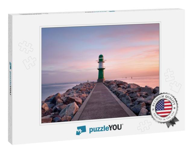Lighthouse At Sunset in Warnemuende, Baltic Sea... Jigsaw Puzzle